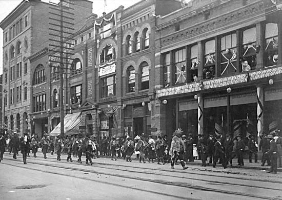 Tsimpsian brass band on the north side of the 500 block of Hastings Street